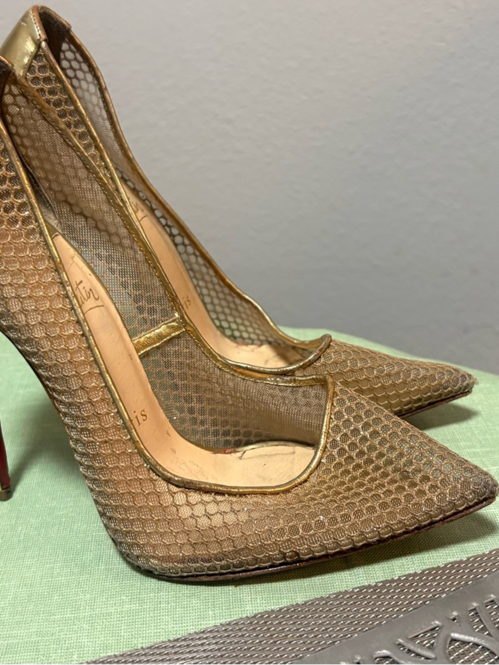 Christian Louboutin Gold Metallic Mesh Pointed-Toe Stilettos